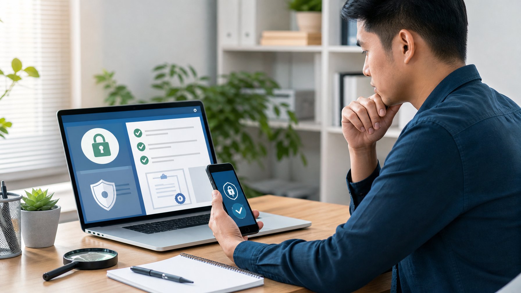 Seseorang memeriksa keamanan dan legalitas platform online menggunakan laptop dengan simbol perlindungan.