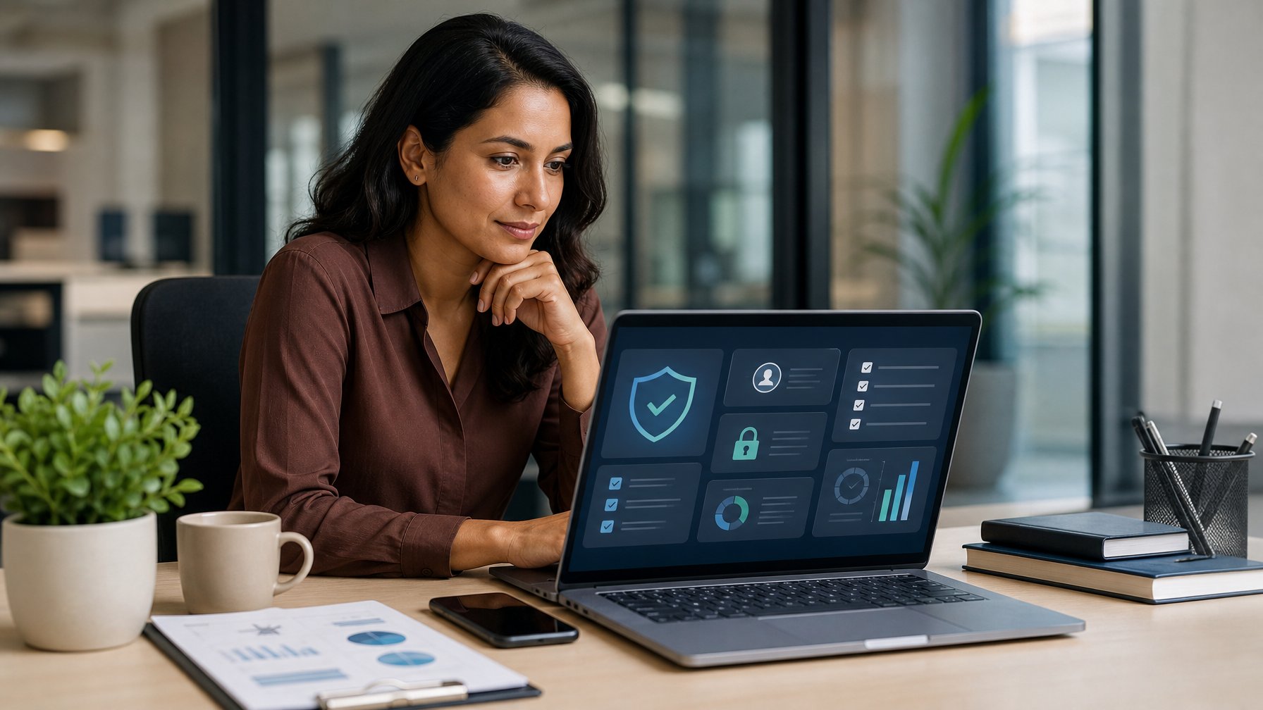 Seorang profesional memeriksa keamanan dan kredibilitas platform digital melalui laptop di ruang kerja modern.