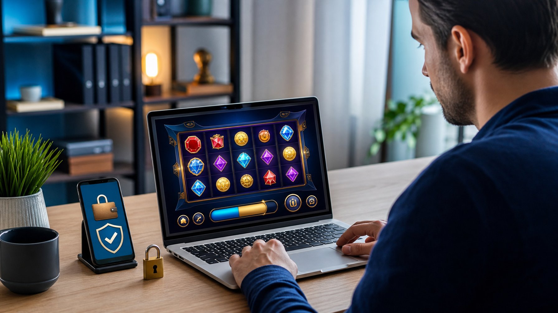 Orang dewasa menggunakan laptop untuk bermain permainan slot online dengan ponsel dan simbol keamanan di meja kerja.