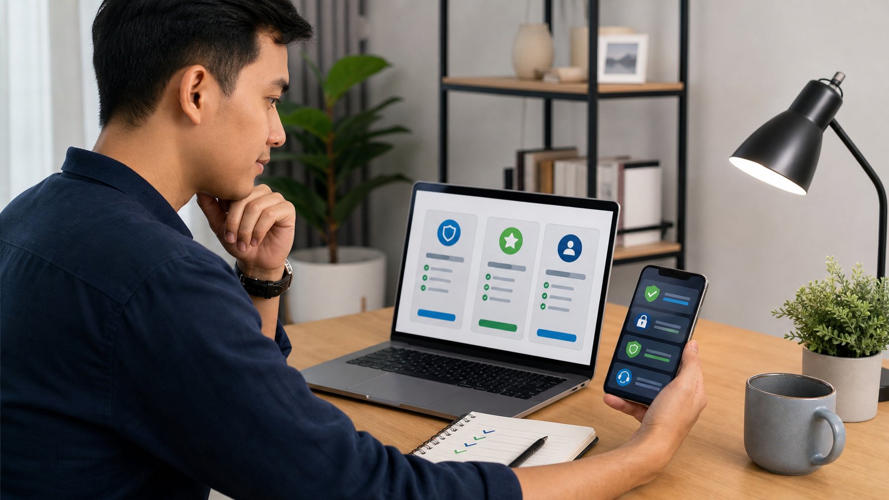 Seseorang membandingkan beberapa platform digital pada laptop dan ponsel di meja kerja yang rapi.
