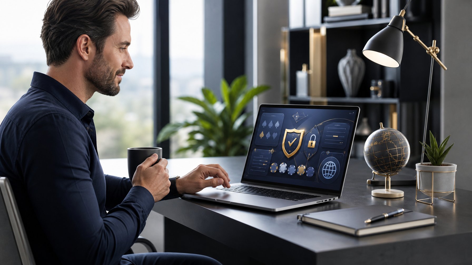 Orang dewasa menggunakan laptop dengan simbol keamanan dan globe di ruang kerja modern.