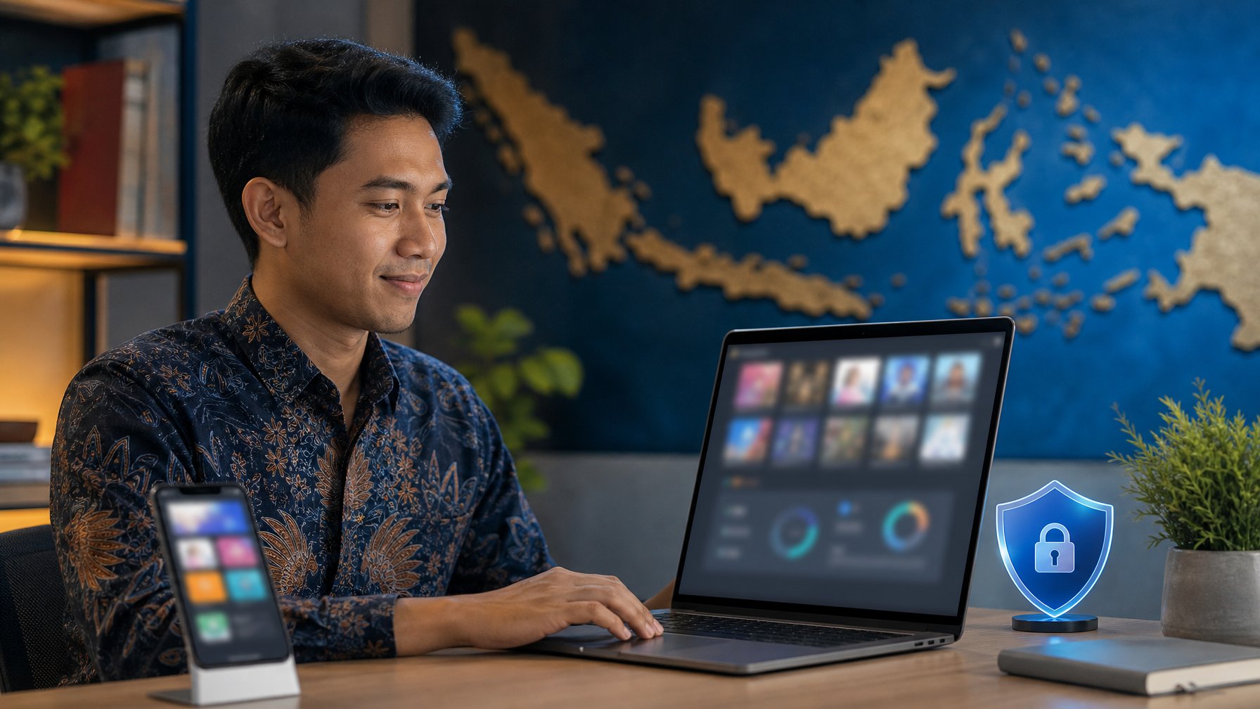 Profesional Indonesia menggunakan laptop dan ponsel dengan tampilan digital abstrak di ruang kerja modern.
