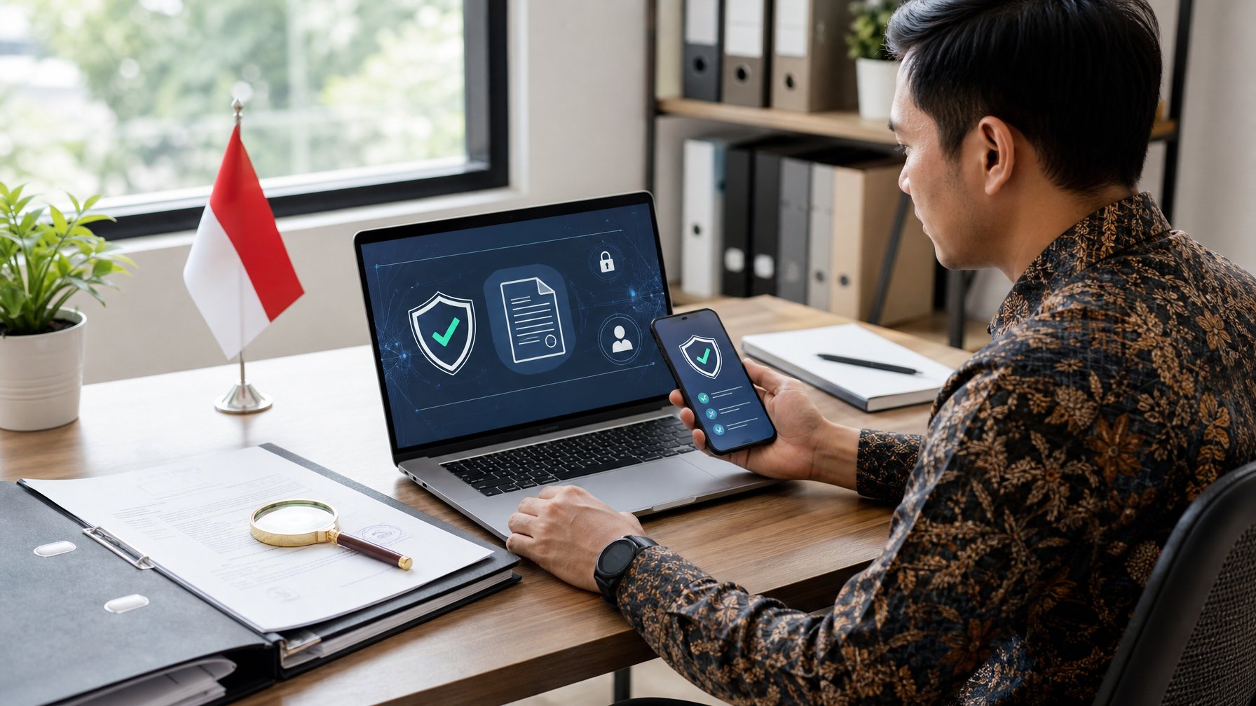 Seorang profesional Indonesia memeriksa keamanan dan legalitas operator daring menggunakan laptop, dokumen, dan simbol perlindungan data.