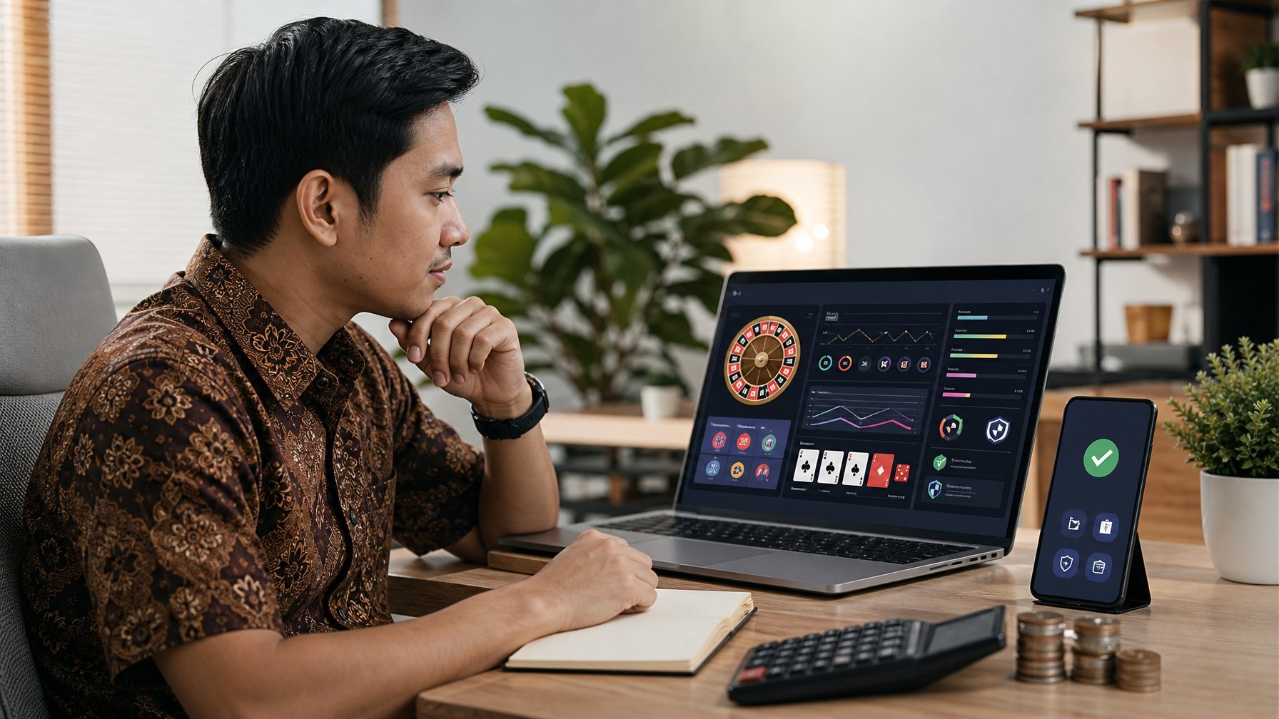 Orang dewasa duduk di meja kerja sambil melihat laptop dan ponsel dengan perlengkapan perencanaan di sekitarnya.