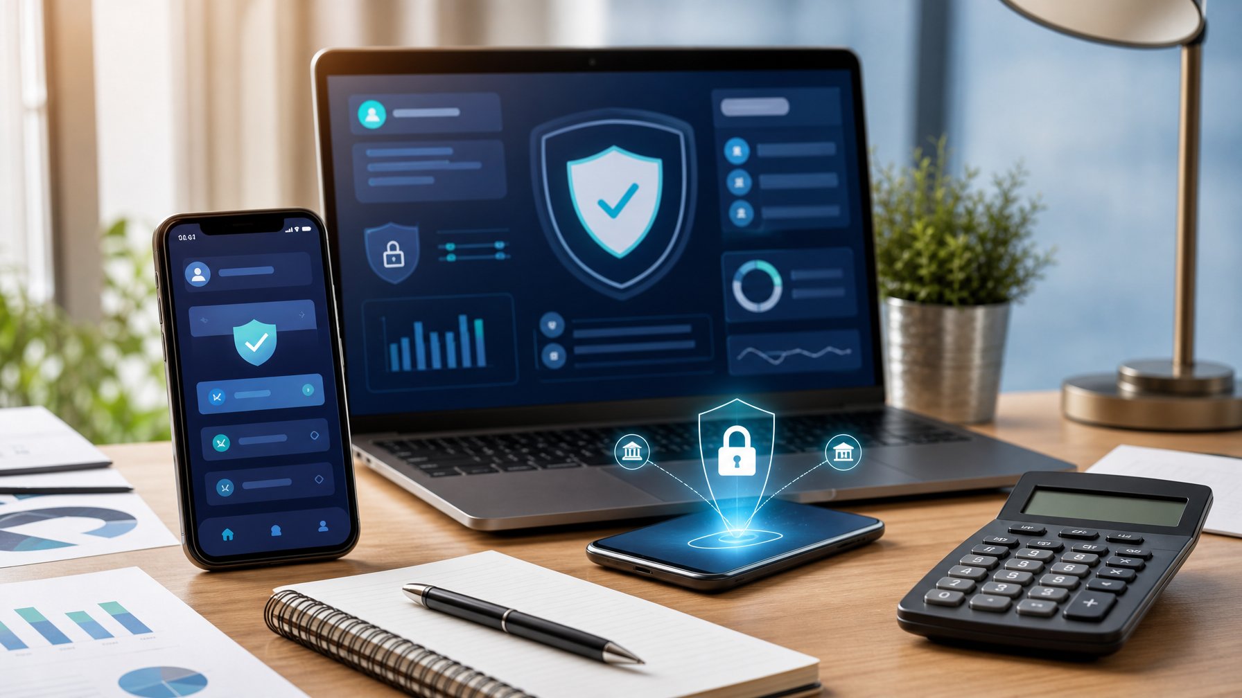 Ponsel dan laptop menampilkan simbol keamanan digital serta perlengkapan perencanaan deposit di meja kerja.