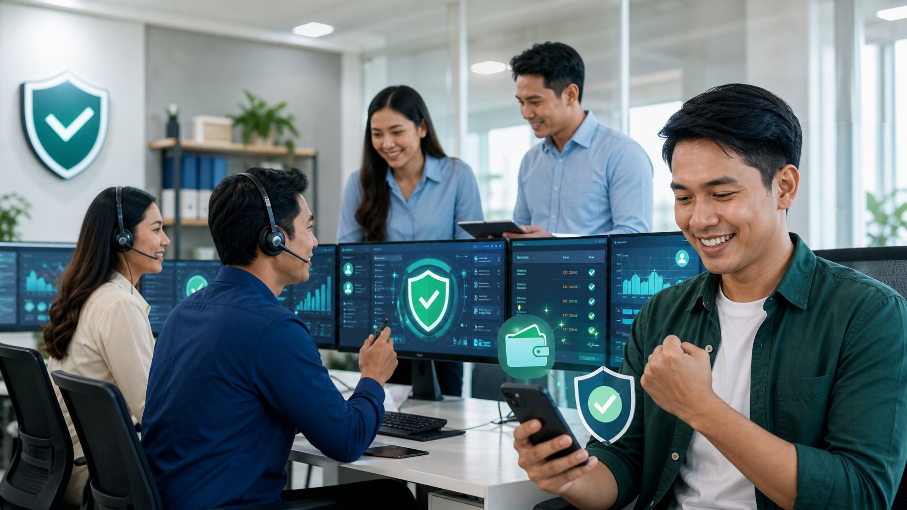 Tim layanan pelanggan memantau transaksi pembayaran digital di kantor modern bersama pelanggan yang menerima pembayaran.