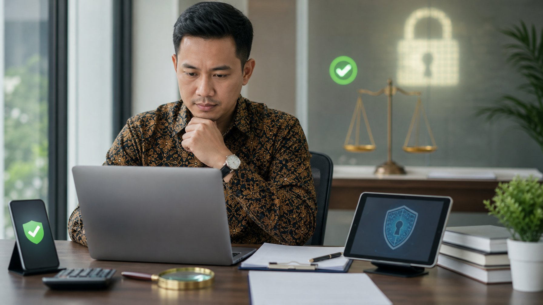 Seorang profesional memeriksa keamanan dan legalitas platform daring di meja kerja dengan laptop, dokumen, dan simbol keamanan.