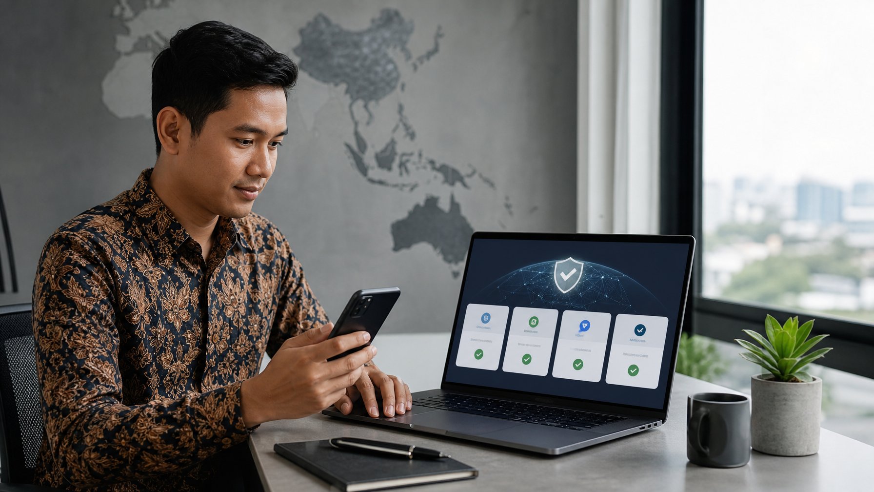 Orang dewasa Indonesia membandingkan beberapa layanan digital melalui laptop dan ponsel di ruang kerja modern.