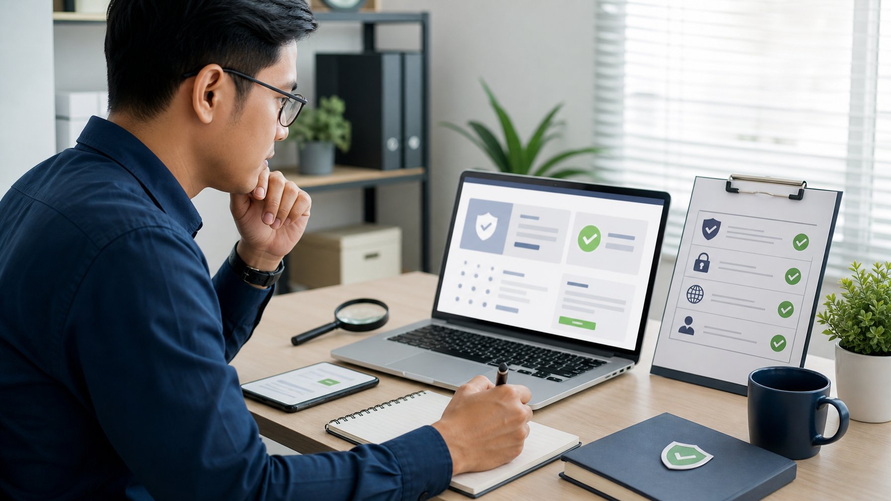 Seorang profesional memeriksa informasi situs daring menggunakan laptop, ponsel, dan daftar periksa di meja kerja.