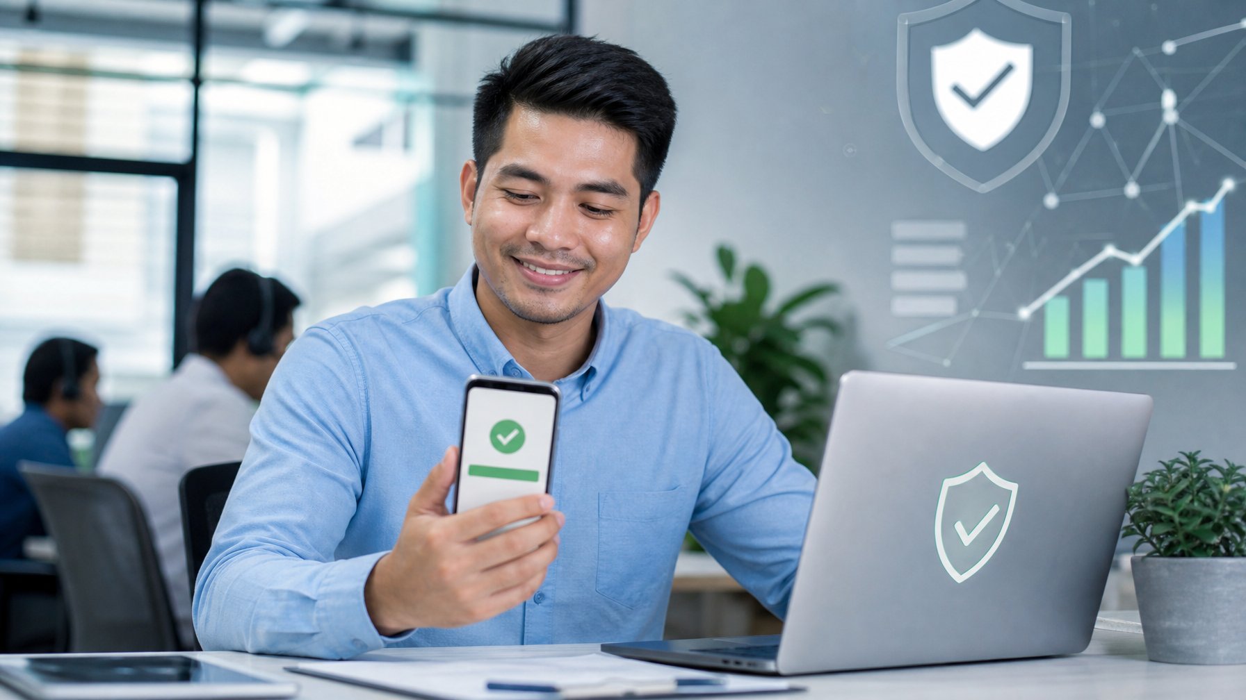 Seorang pelanggan tersenyum memeriksa konfirmasi pembayaran digital di ponsel dalam suasana kantor modern.