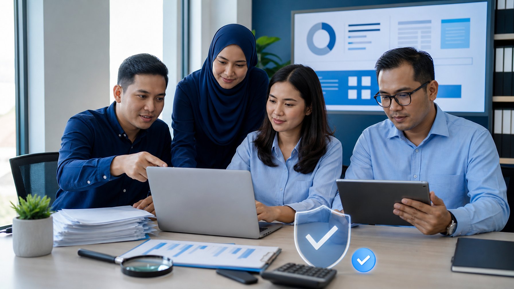 Tim kepatuhan meninjau dokumen dan data pembayaran platform digital secara transparan di kantor modern.