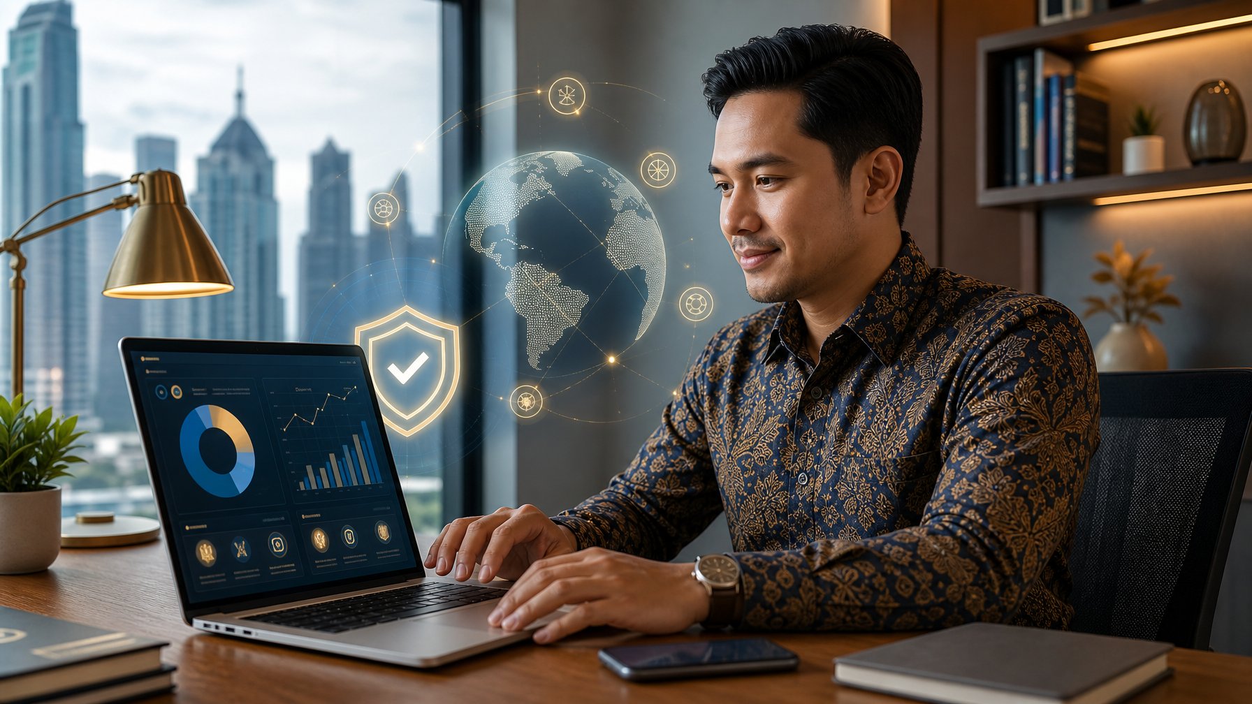Seorang profesional Indonesia menggunakan laptop dengan tampilan analitik digital di ruang kerja modern.