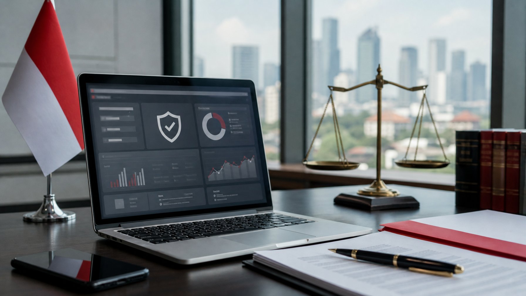Laptop dan dokumen hukum di meja kantor dengan simbol keamanan digital serta latar gedung kota yang buram.