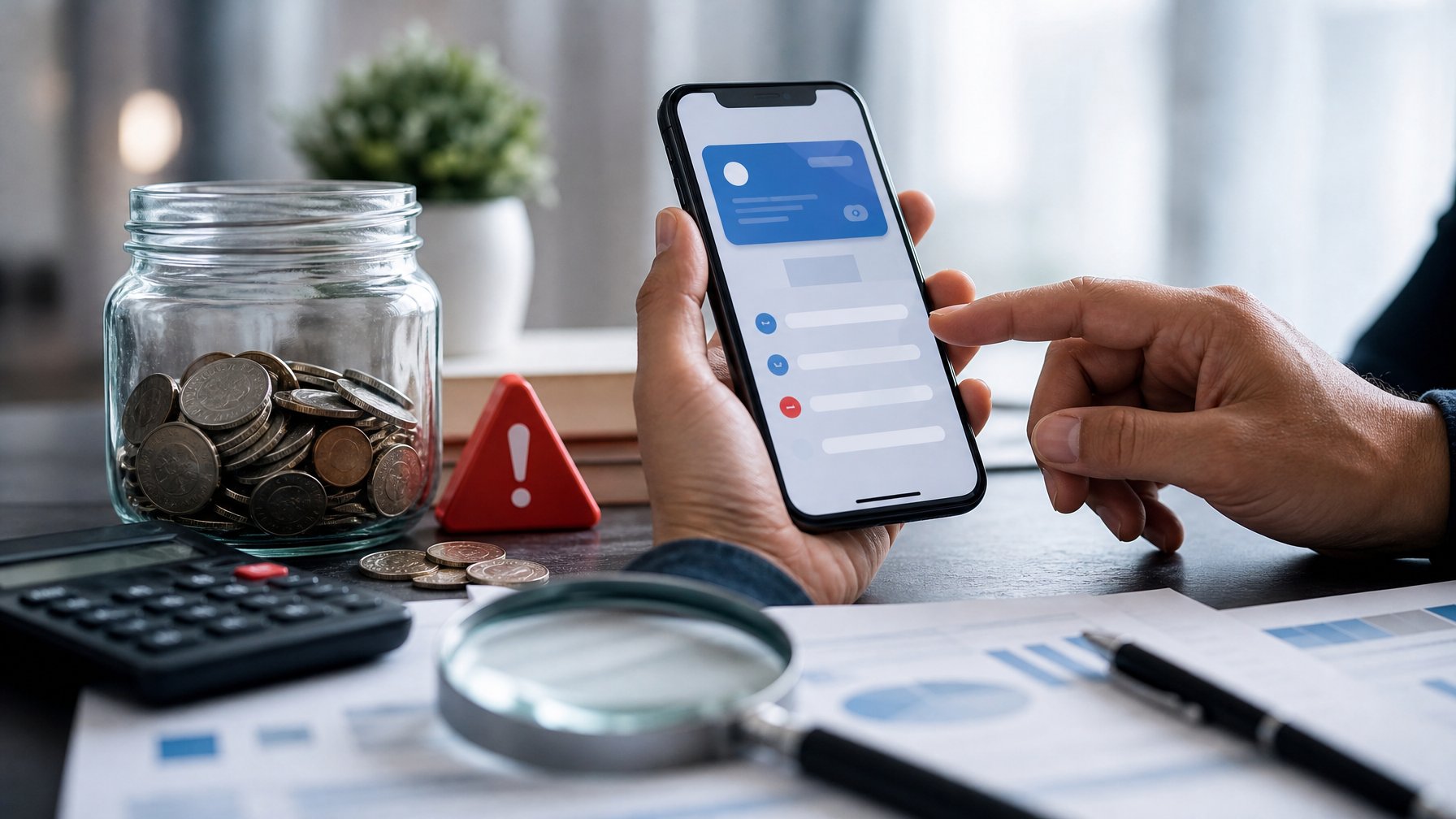 Seseorang memeriksa transaksi dompet digital di samping kalkulator, koin, dan tanda peringatan.