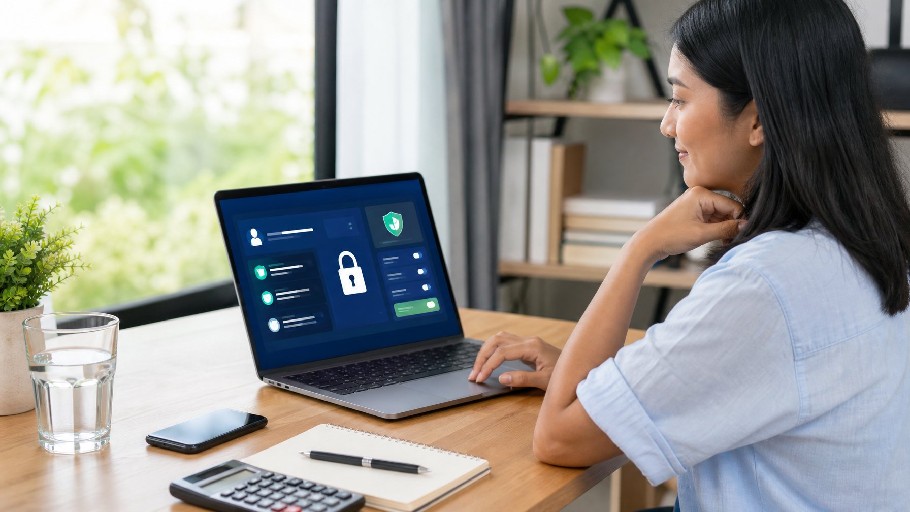 Seseorang menggunakan laptop dengan simbol keamanan dan alat pengatur anggaran di meja kerja.
