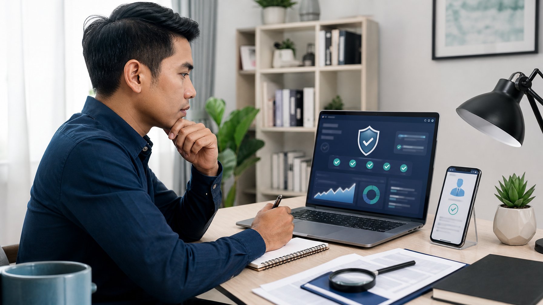 Seorang pengguna memeriksa keamanan dan kredibilitas platform online melalui laptop dan ponsel di meja kerja.