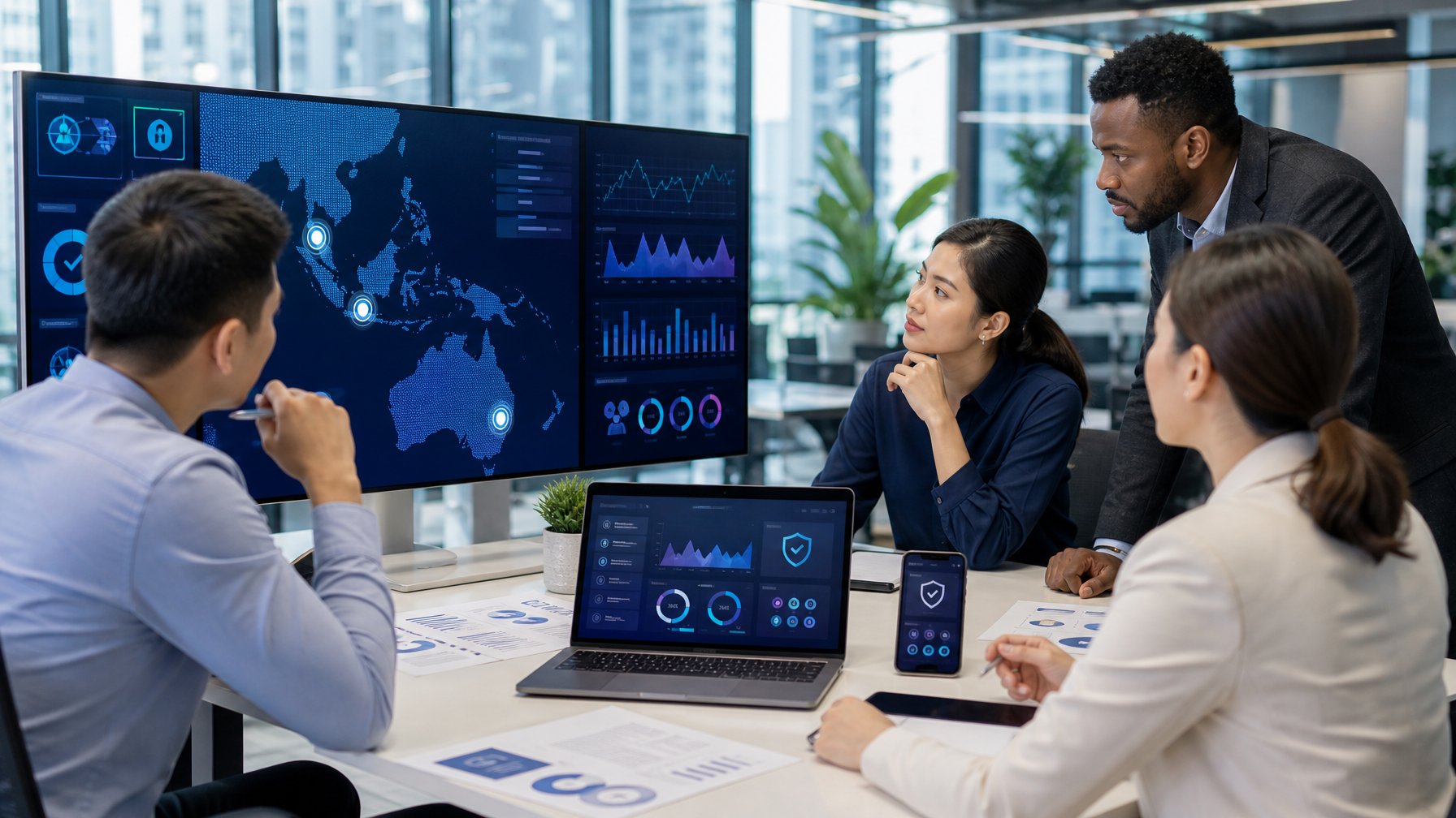 Tim analis profesional meninjau dasbor data digital dengan simbol keamanan di kantor modern.