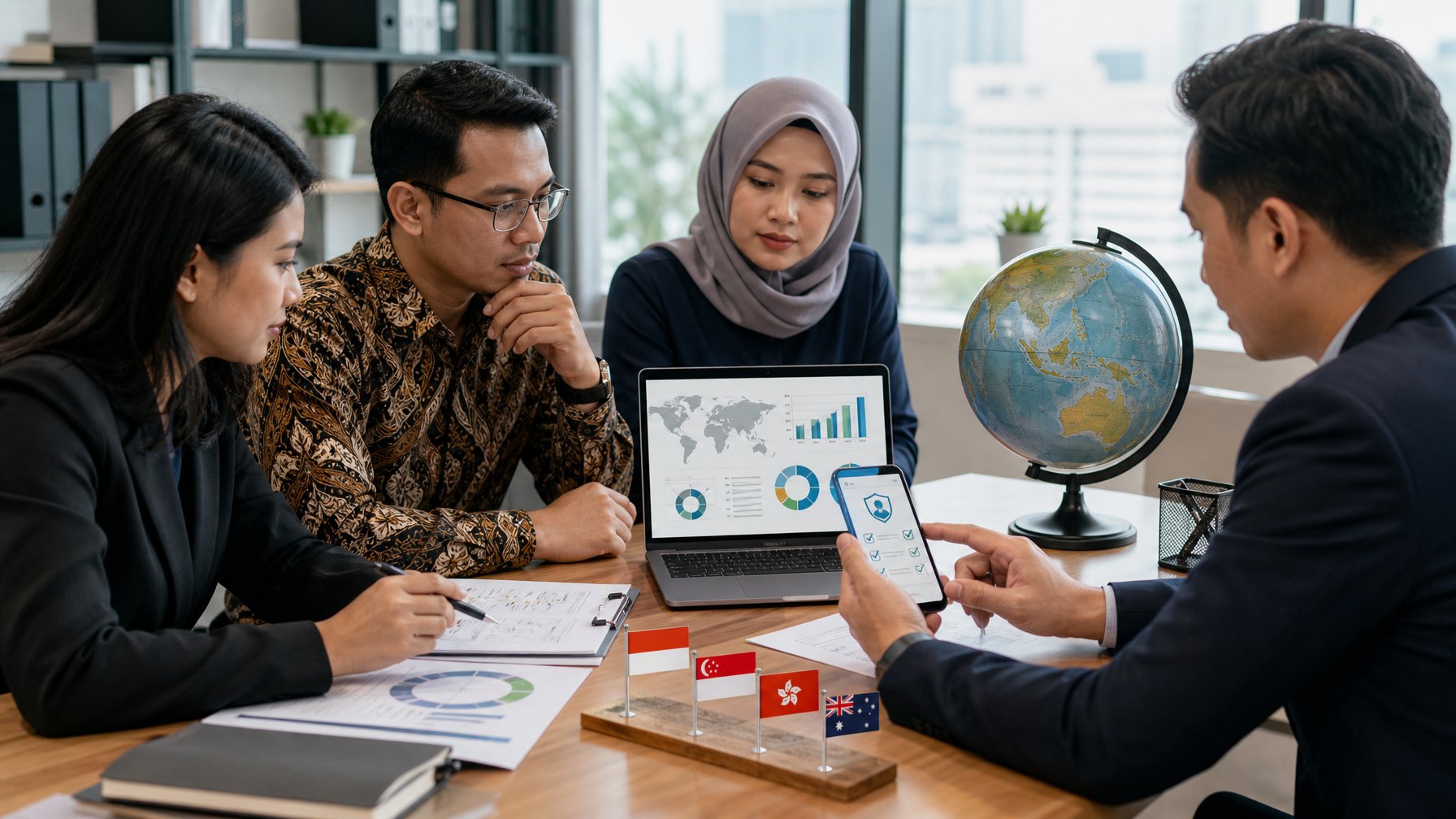 Profesional sedang meninjau informasi regulasi perjudian daring dengan laptop, peta, dan dokumen di ruang kerja.