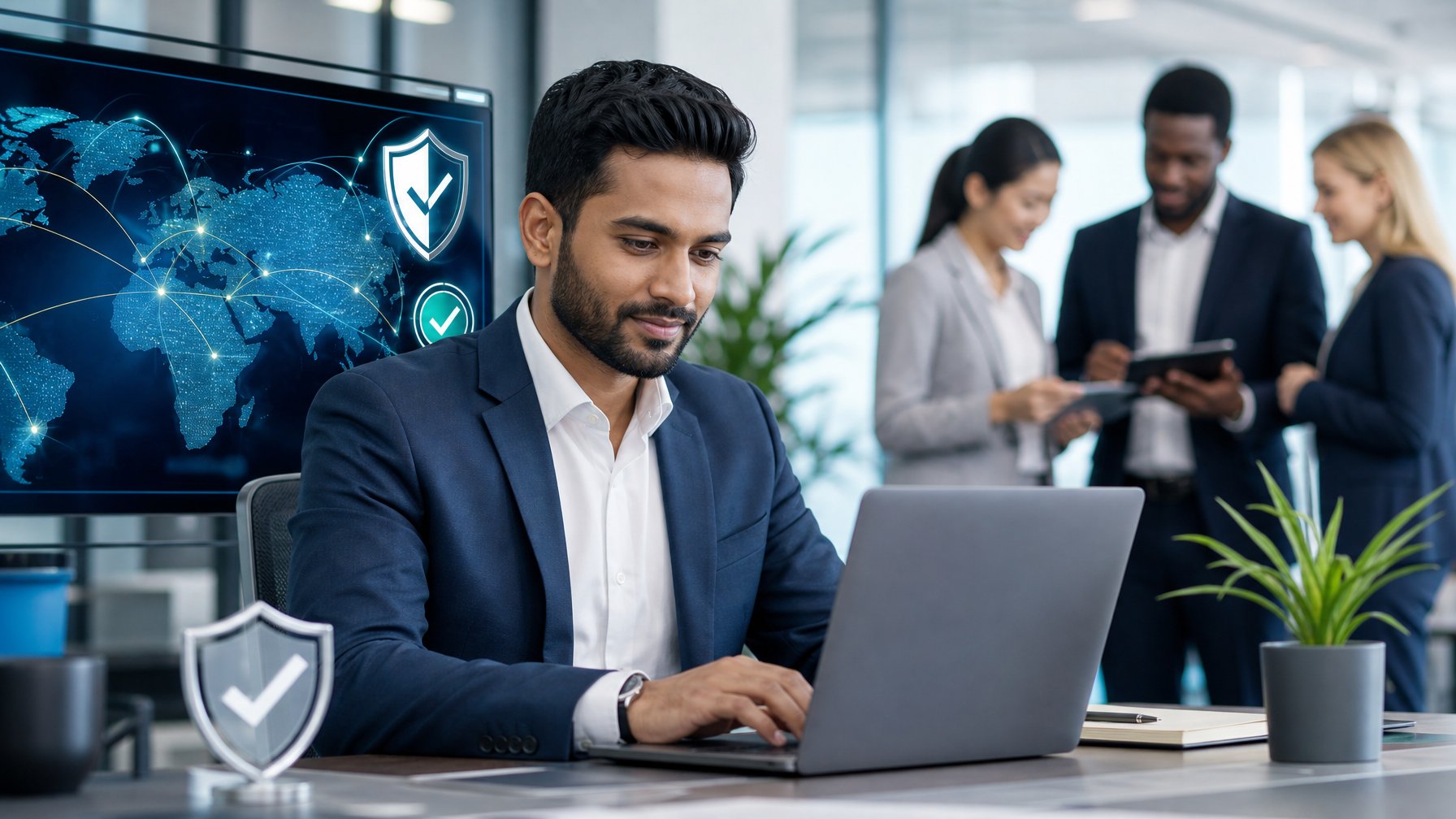 Profesional memeriksa platform digital aman dengan simbol perisai dan verifikasi di kantor modern.