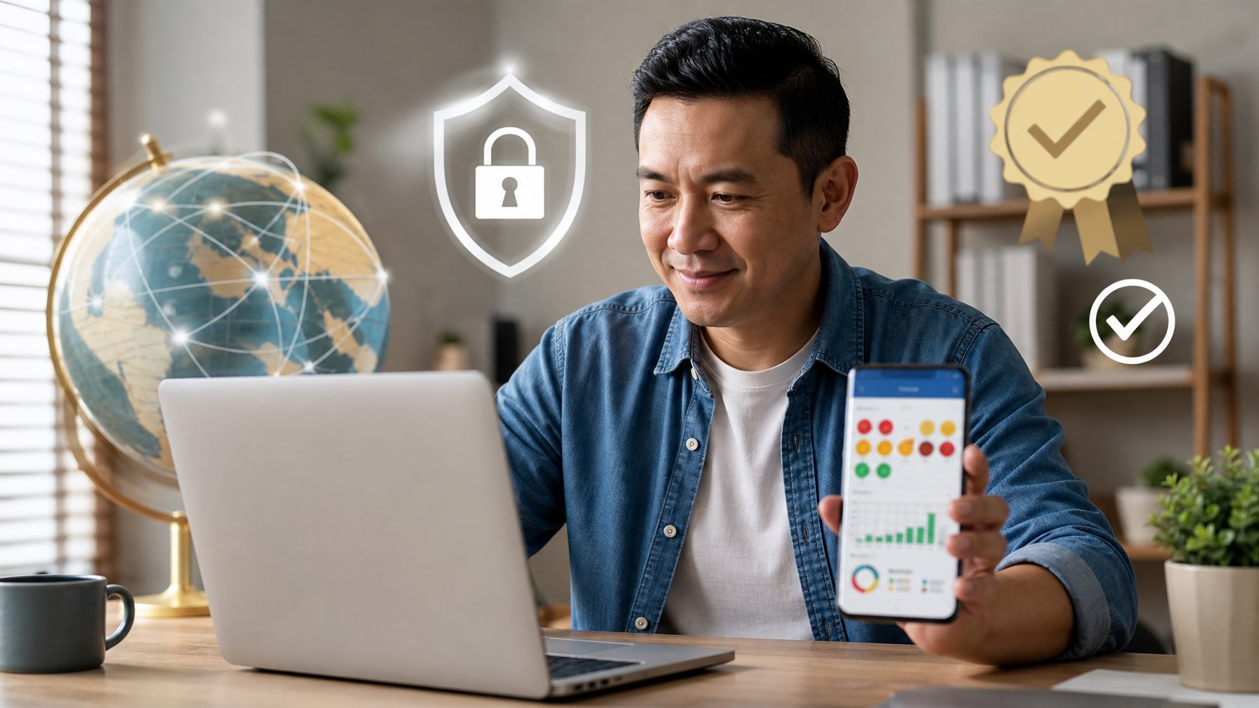 Orang dewasa memeriksa platform lotre digital yang aman dengan simbol globe, perisai, dan verifikasi di ruang kerja modern.