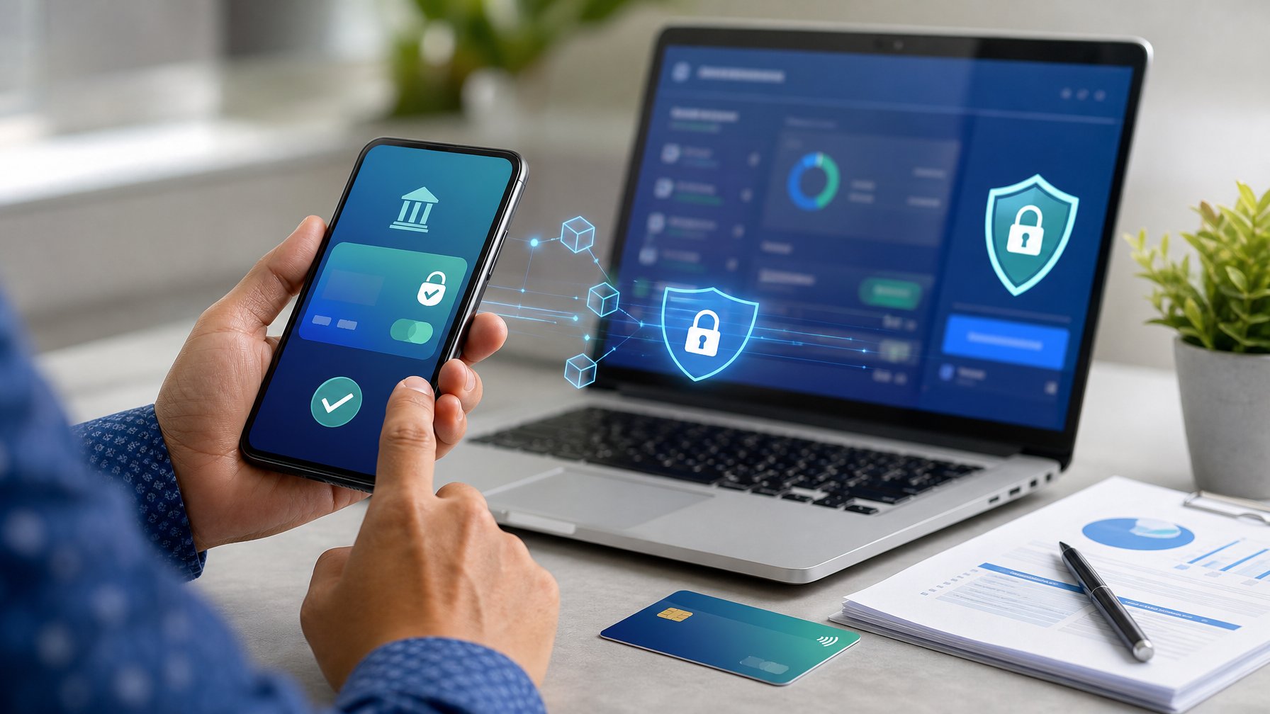 Tangan seseorang melakukan transaksi digital aman di meja kerja dengan ponsel, laptop, kartu bank, dan simbol keamanan.