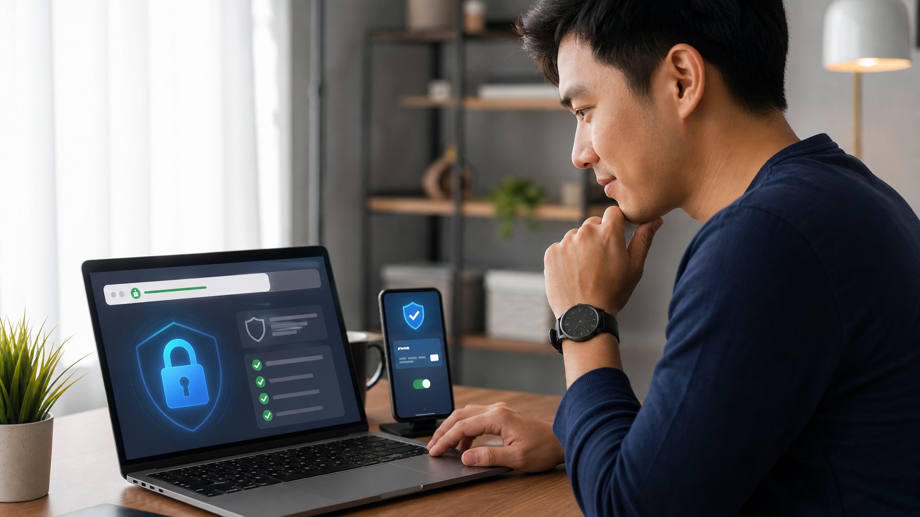 Seseorang memeriksa keamanan situs transaksi melalui laptop dengan simbol gembok dan perisai.