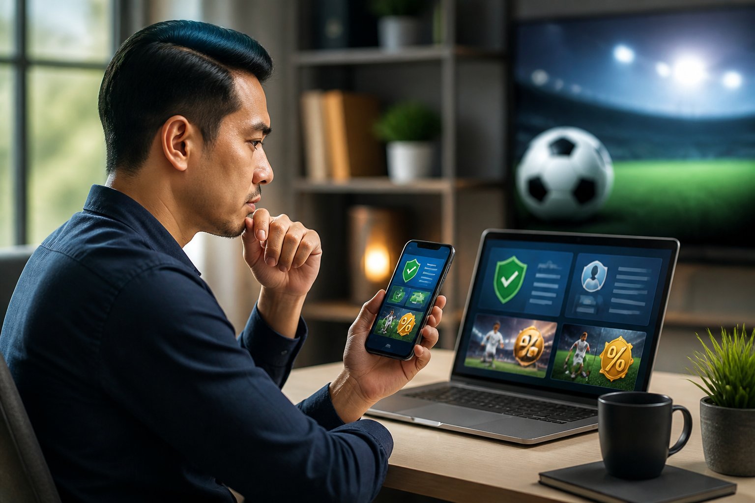 Seseorang membandingkan beberapa platform taruhan olahraga digital di laptop dan ponsel dalam ruang kerja modern.
