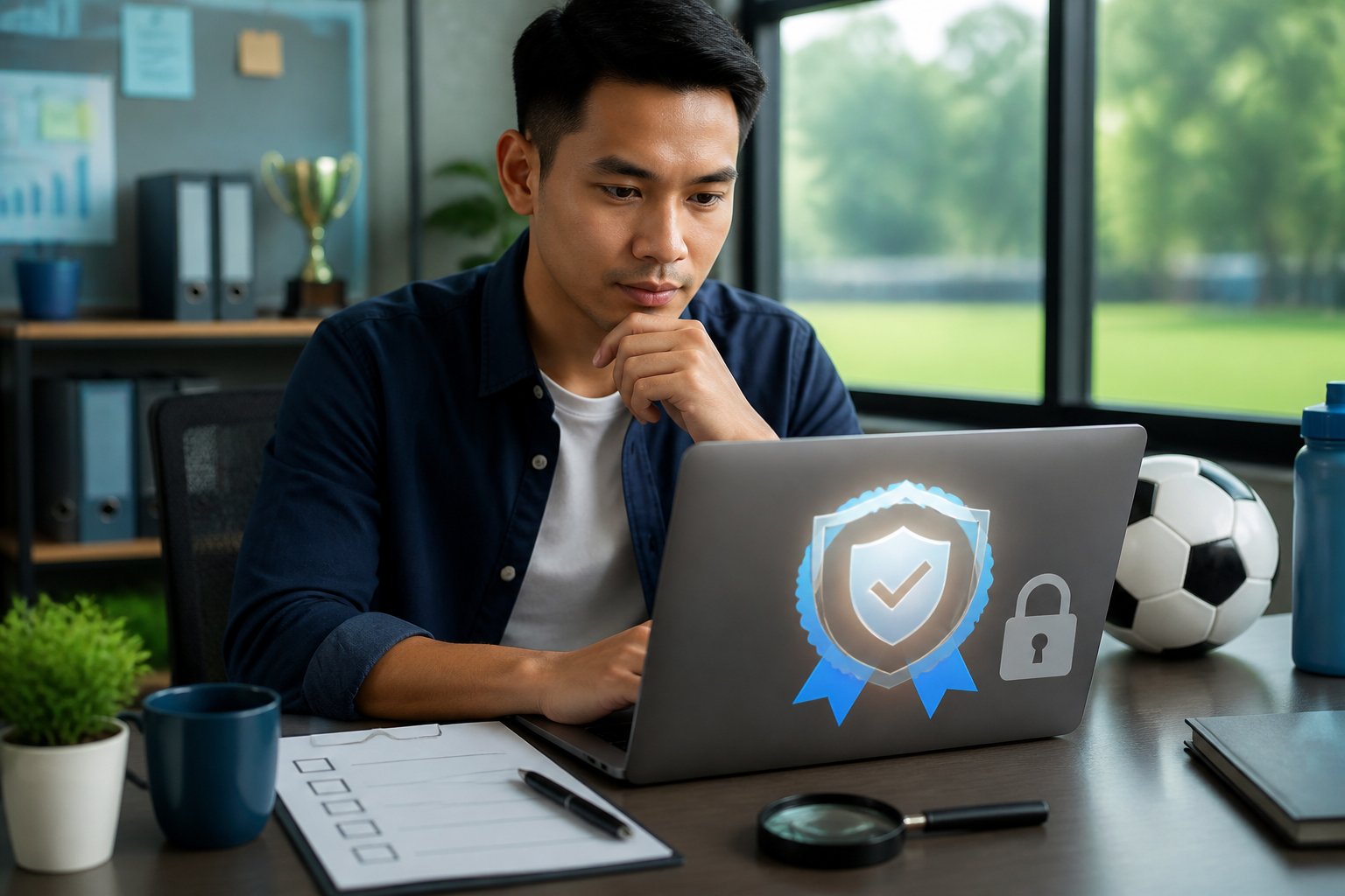 Seseorang memeriksa layanan taruhan olahraga daring dengan simbol perisai, gembok, dan daftar verifikasi di meja kerja.