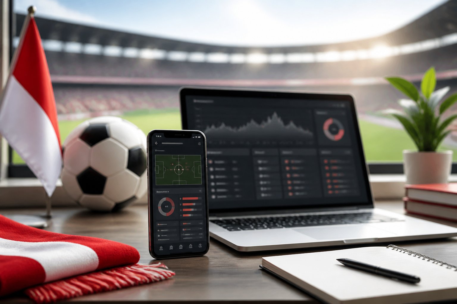 Ponsel dan laptop dengan tampilan statistik sepak bola generik berada di samping bola sepak dalam ruang kerja modern.