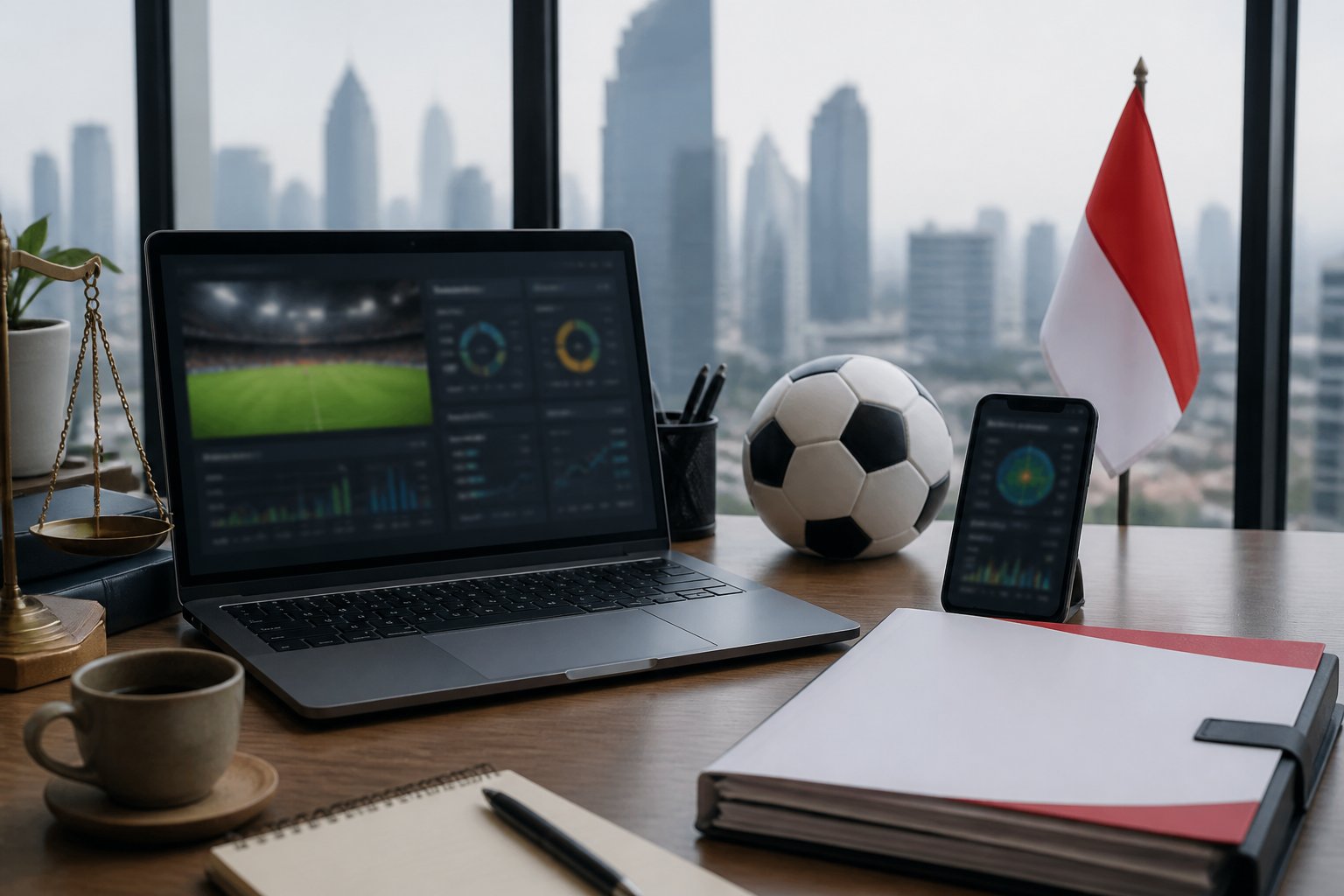 Meja kerja modern dengan laptop berisi tampilan analisis sepak bola, ponsel, dokumen, dan bola sepak di ruang kantor berlatar kota Jakarta.