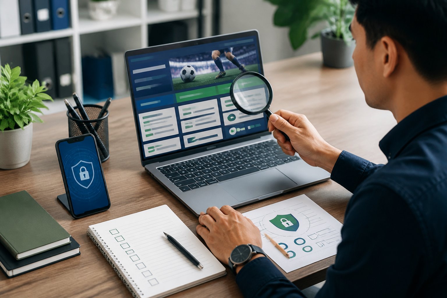 Seorang profesional memeriksa keamanan situs olahraga daring menggunakan laptop, kaca pembesar, dan simbol verifikasi.