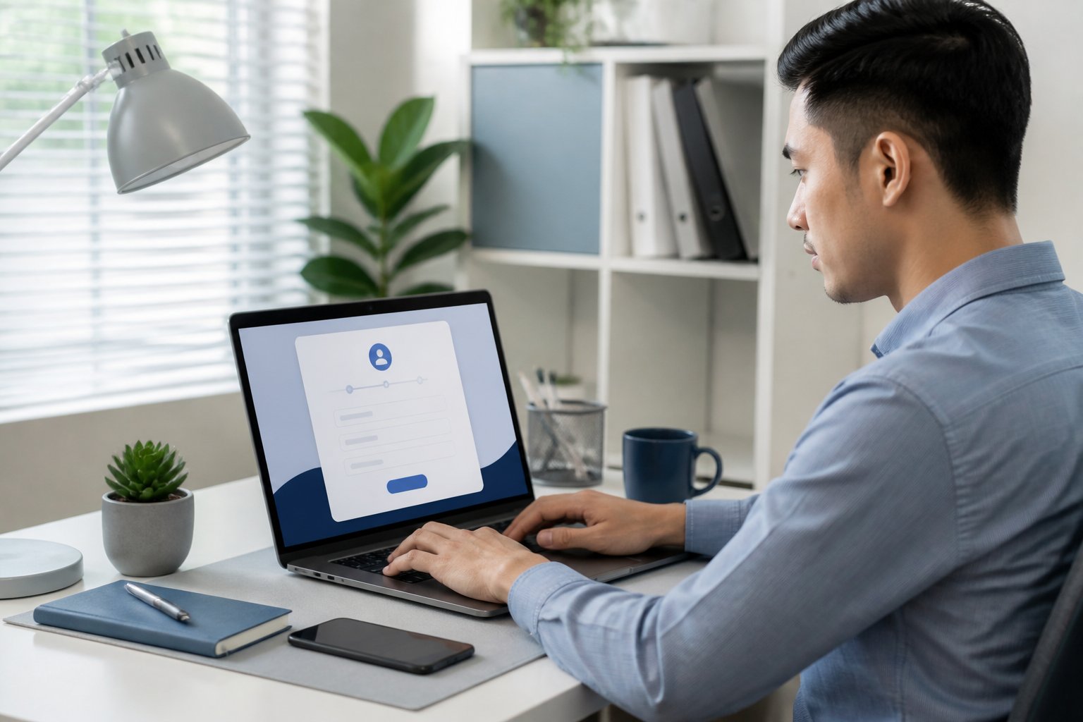 Seorang profesional mengisi formulir pendaftaran digital di laptop pada meja kerja modern.