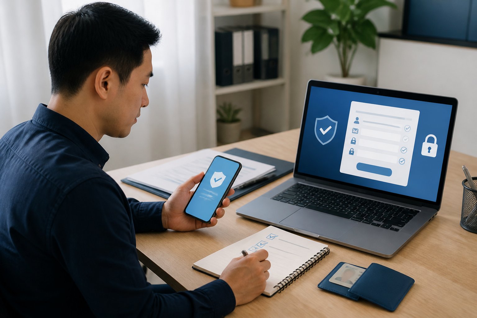 Seseorang memeriksa dokumen dan keamanan pada laptop sebelum membuat akun.