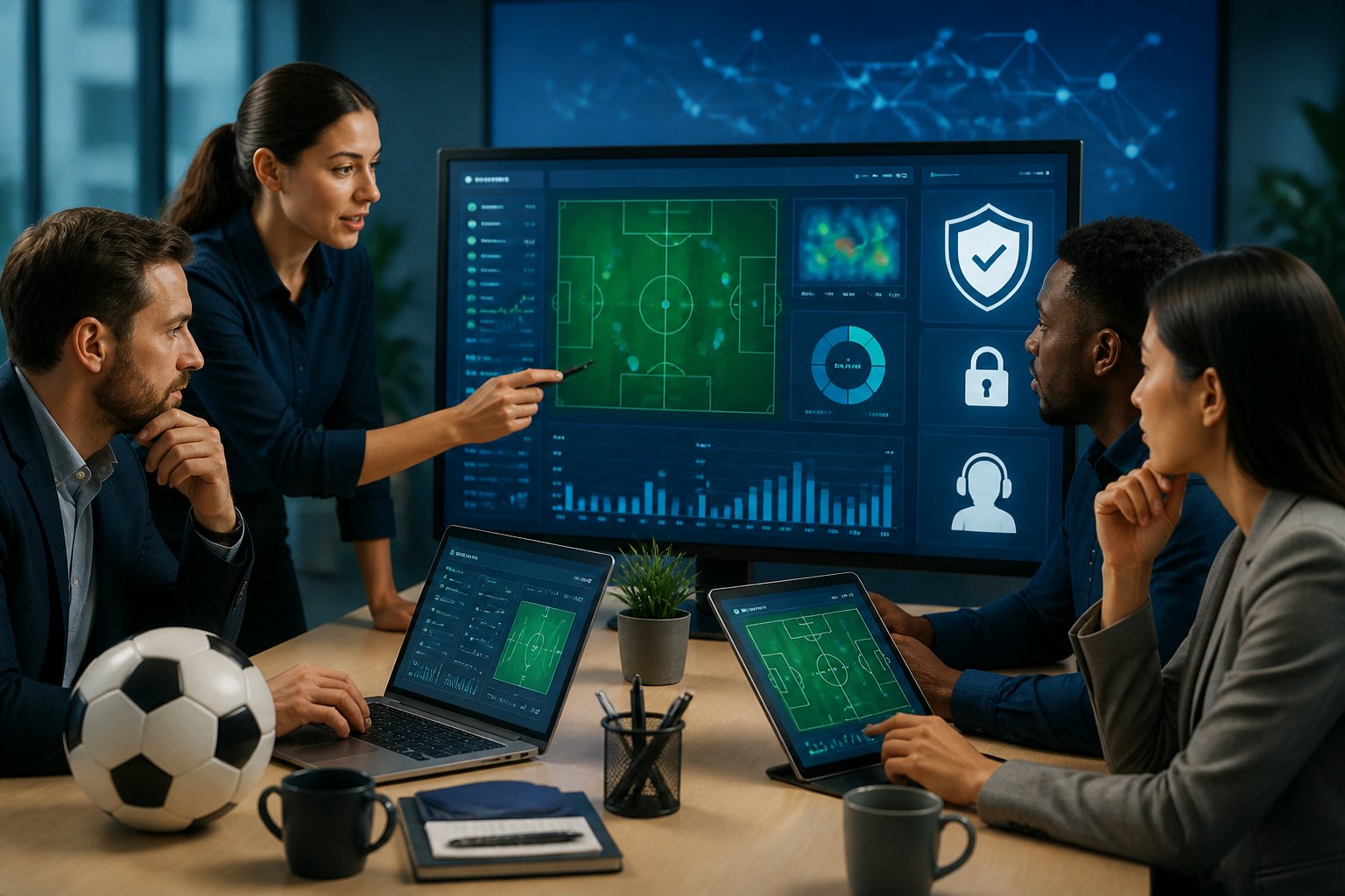 Orang dewasa menganalisis data pertandingan sepak bola di ruang kerja digital dengan simbol keamanan.