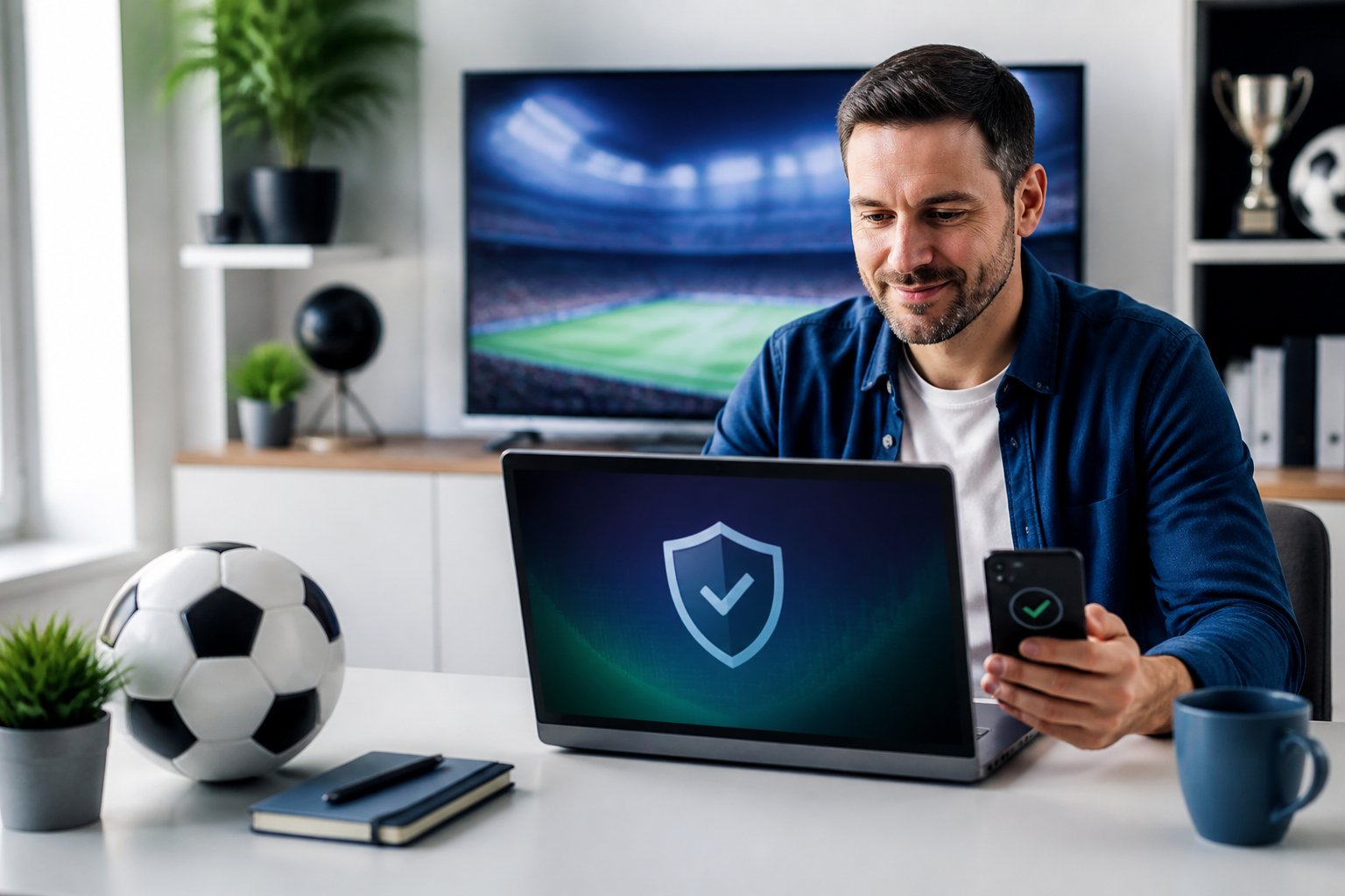 Penggemar sepak bola memeriksa platform digital aman di laptop dalam ruang kerja modern dengan simbol perlindungan.