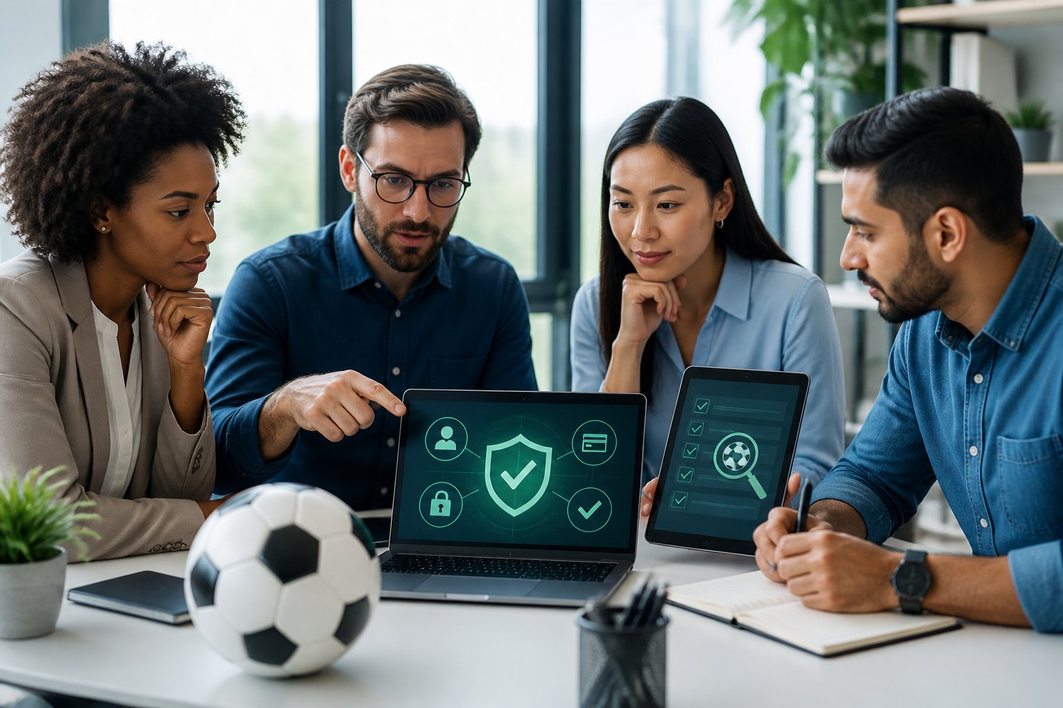 Sekelompok profesional memeriksa keamanan platform sepak bola digital di kantor modern.