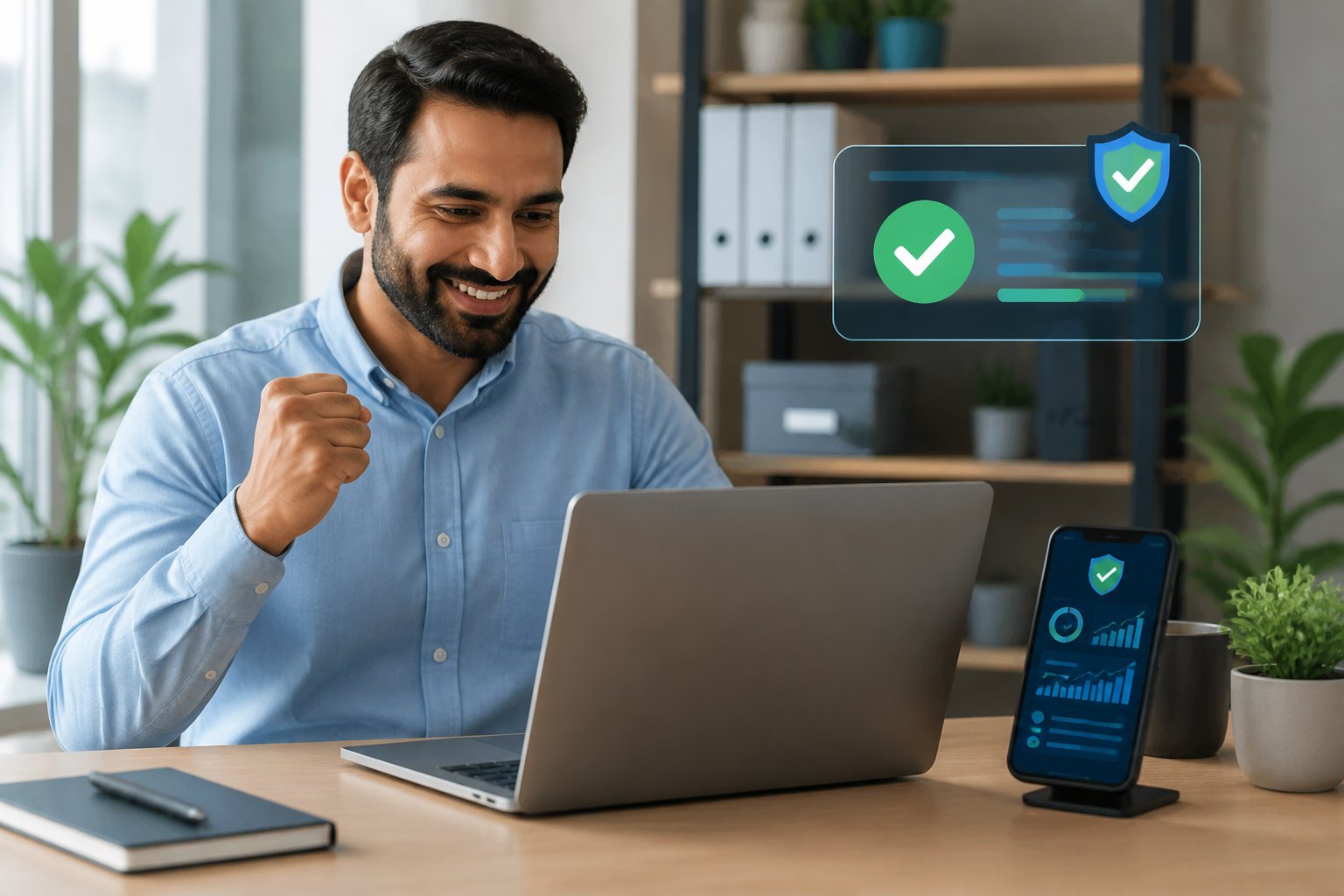 Seorang pengguna memeriksa konfirmasi pembayaran kemenangan di laptop dalam ruang kerja modern.