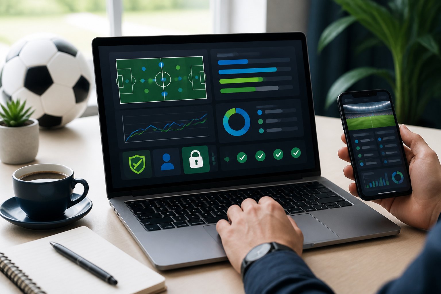 Meja kerja dengan laptop berisi analisis pertandingan sepak bola, ponsel, bola sepak, dan ikon keamanan.