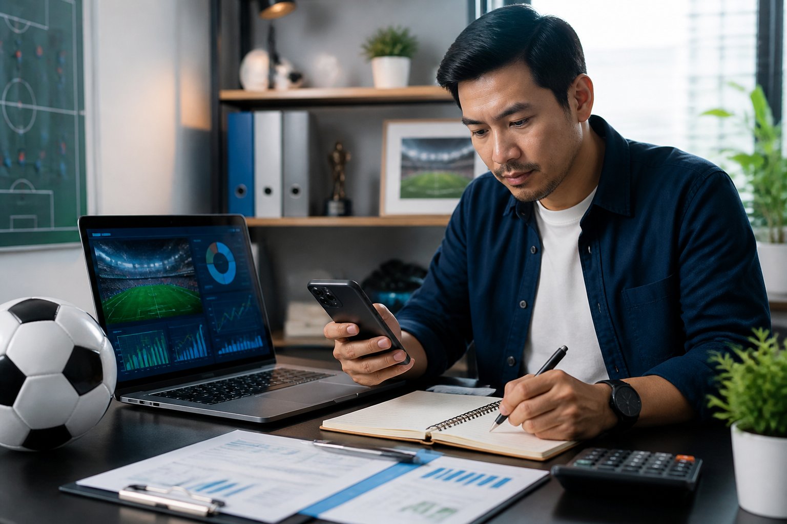Orang dewasa meninjau statistik sepak bola dan keamanan situs taruhan daring di ruang kerja.