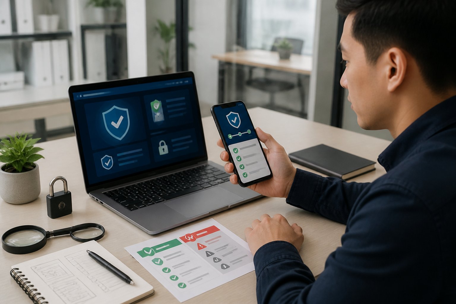 Seseorang memeriksa keaslian kanal taruhan online menggunakan laptop dan ponsel di meja kerja.