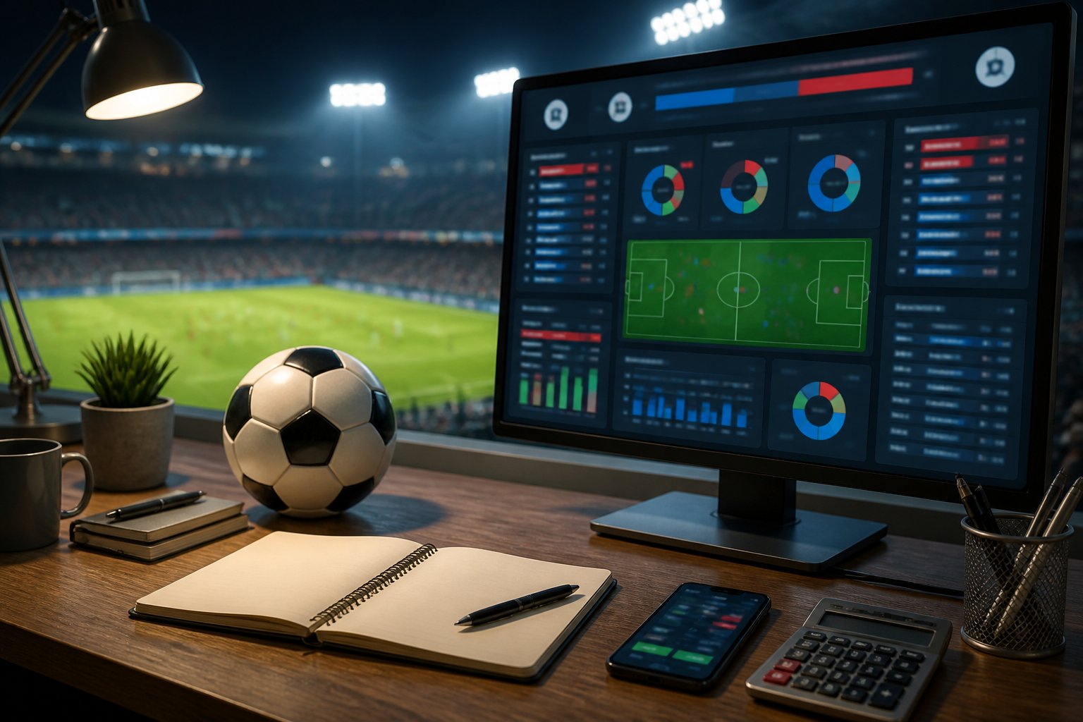Meja analis olahraga dengan bola sepak, perangkat digital, dan stadion yang diterangi lampu pada malam hari.