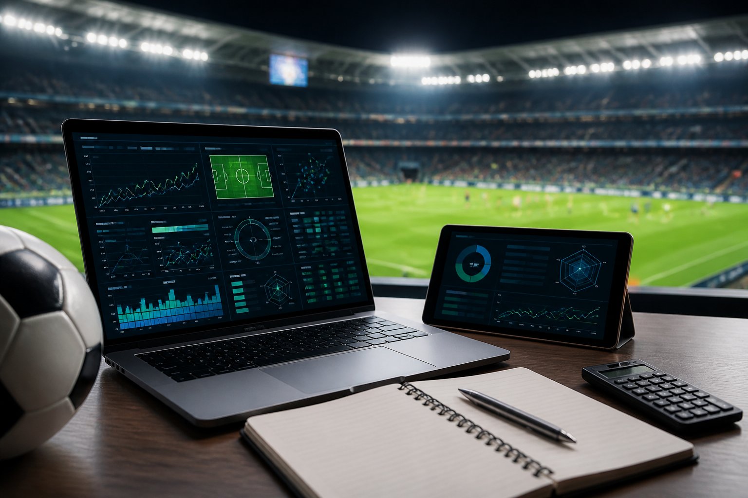 Meja analis dengan laptop berisi grafik pertandingan sepak bola, perlengkapan catatan, dan stadion bercahaya di malam hari.