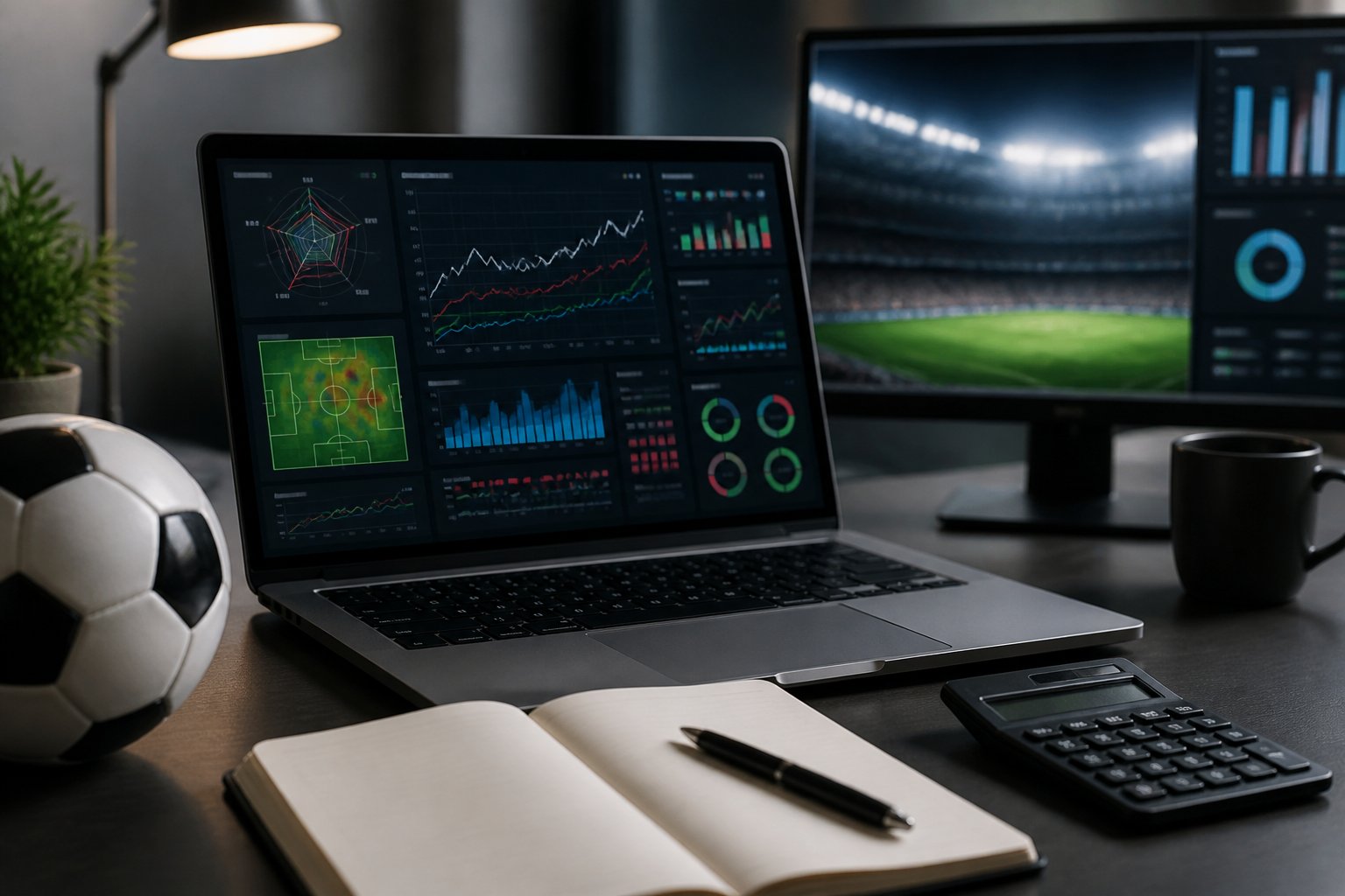 Analis mempelajari data pertandingan sepak bola di laptop dengan bola dan perlengkapan kerja di atas meja.