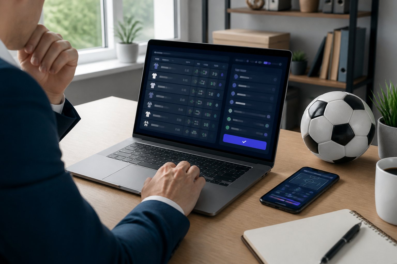 Seseorang meninjau pilihan pertandingan sepak bola pada laptop dan ponsel di meja kerja.