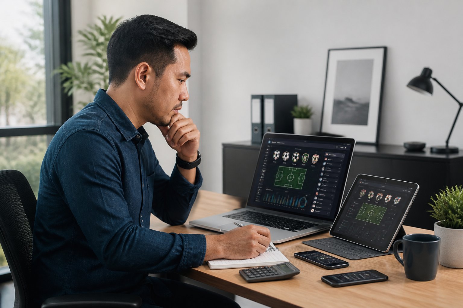 Seorang penggemar sepak bola mempelajari beberapa pertandingan dan statistik di laptop serta tablet dalam suasana kerja modern.