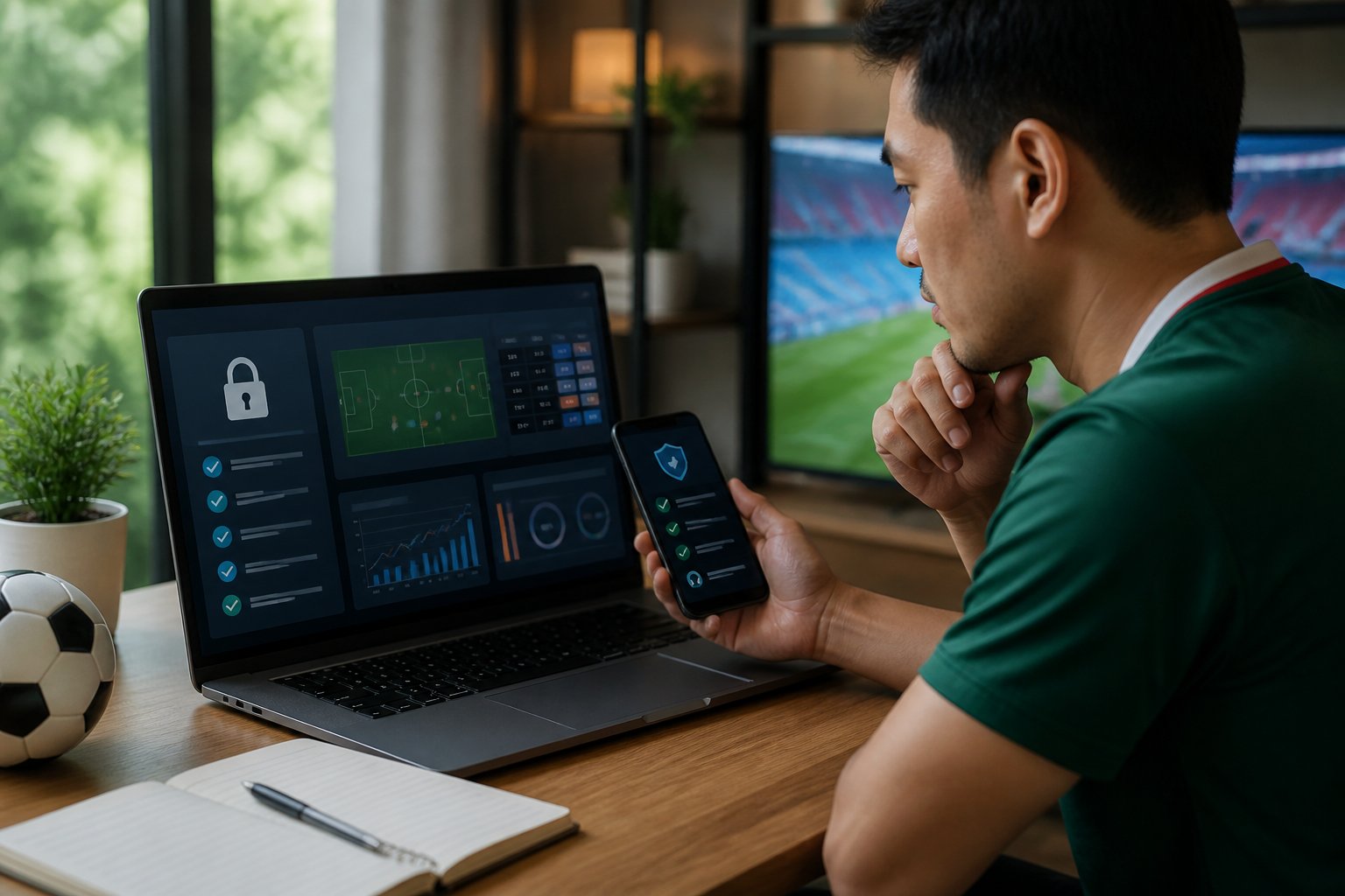 Seseorang menilai keamanan dan kredibilitas platform taruhan olahraga online melalui laptop dan ponsel di meja kerja.
