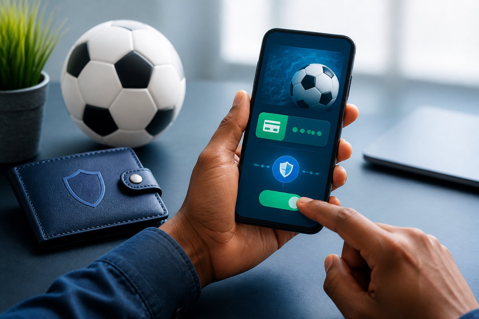 Tangan orang dewasa menggunakan ponsel di samping bola sepak dan dompet dalam suasana kerja modern.