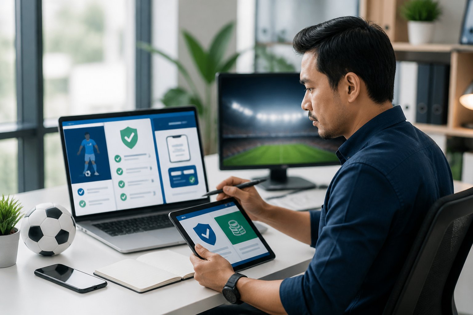Seorang analis Indonesia memeriksa tampilan digital bertema sepak bola dan pembayaran aman di ruang kerja modern.