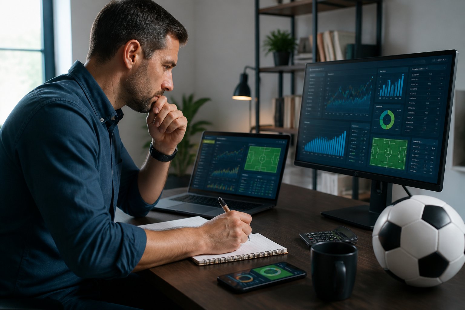 Seorang analis olahraga mempelajari statistik pertandingan sepak bola di meja kerja dengan laptop, monitor, dan catatan.