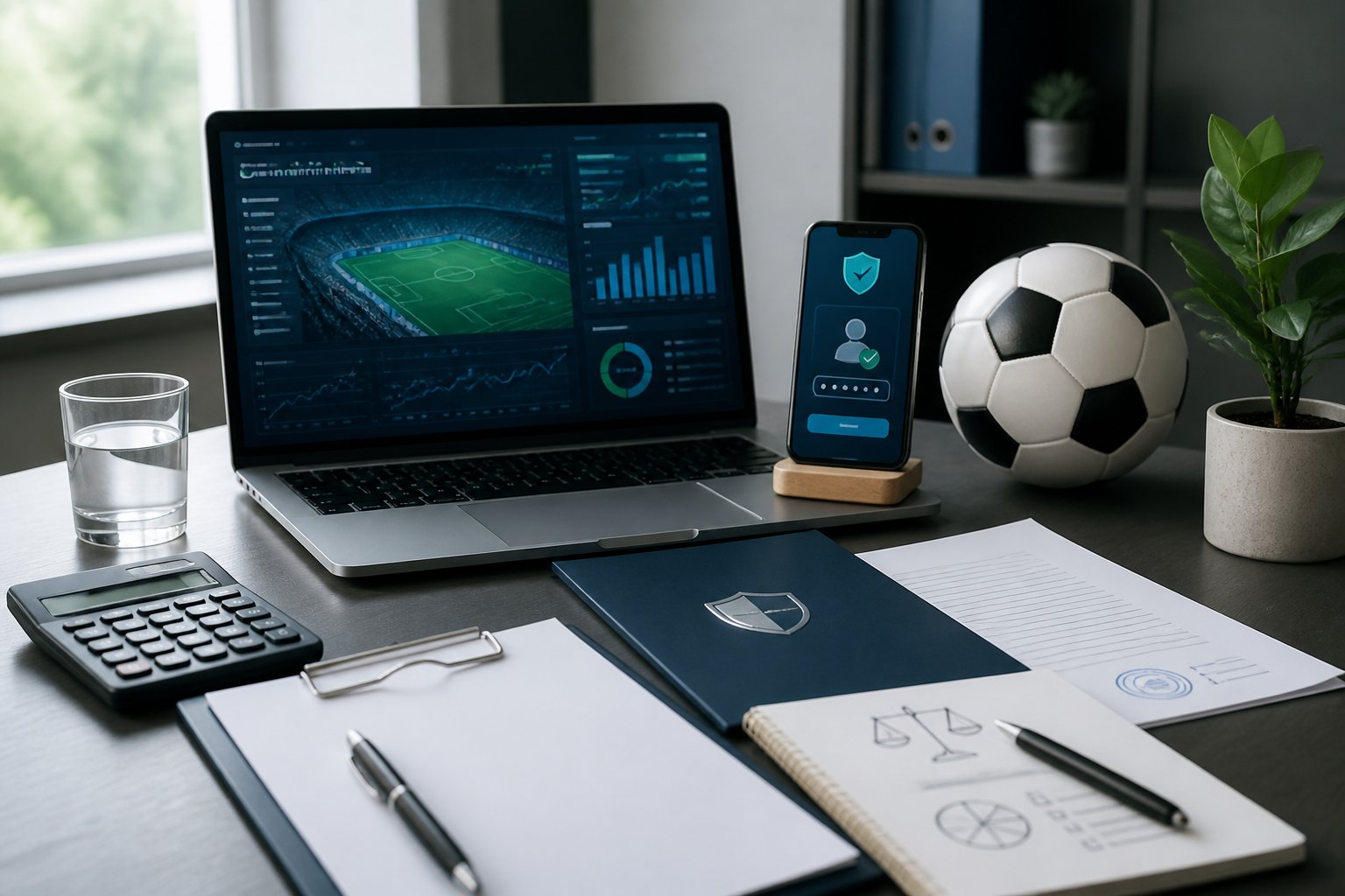 Meja kerja modern dengan laptop analitik olahraga, dokumen resmi tanpa tulisan, kalkulator, dan bola sepak.